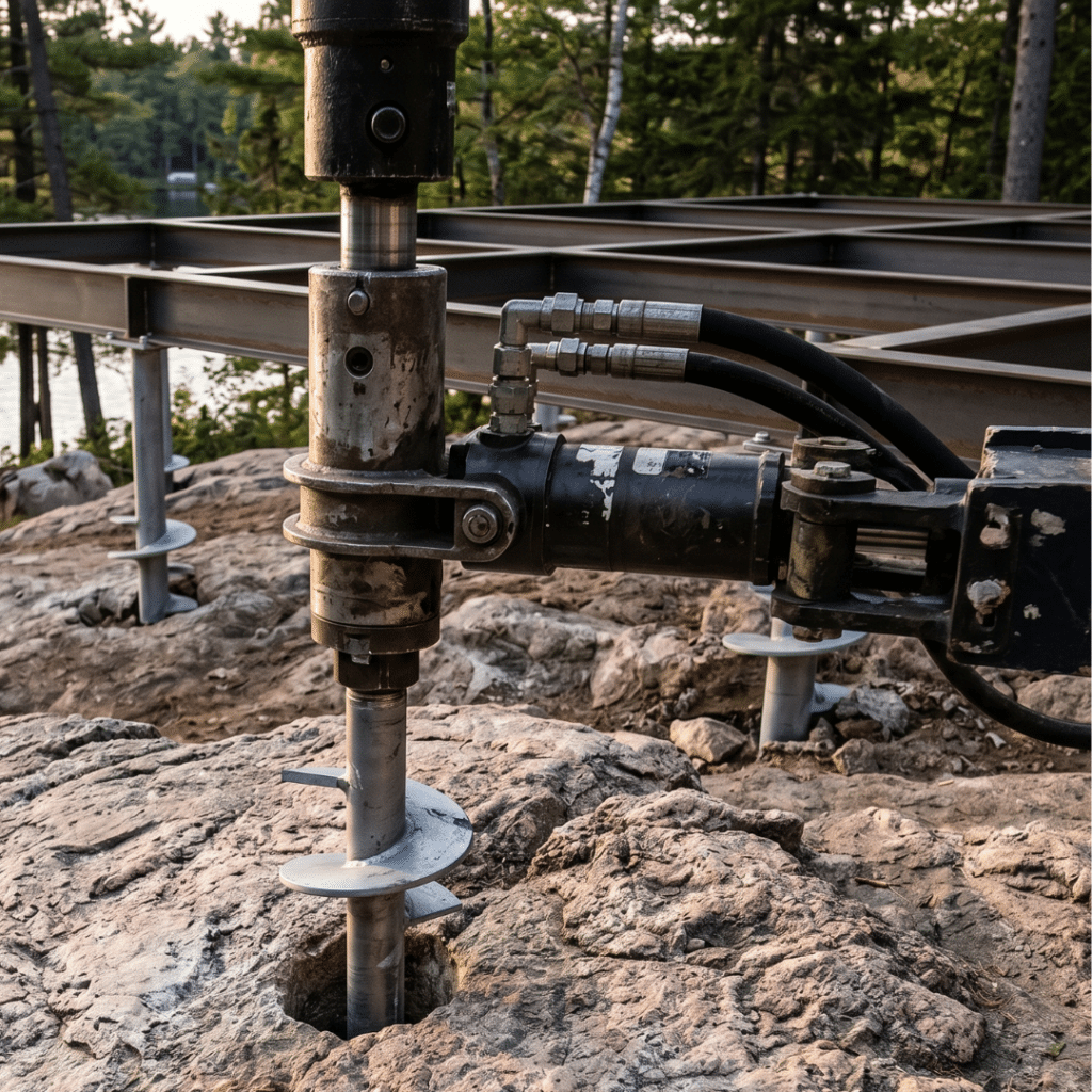 Prefab homes Muskoka prices helical pier foundation installed into Canadian Shield granite bedrock on a waterfront lot showing steel screw pile with no excavation for modular home construction