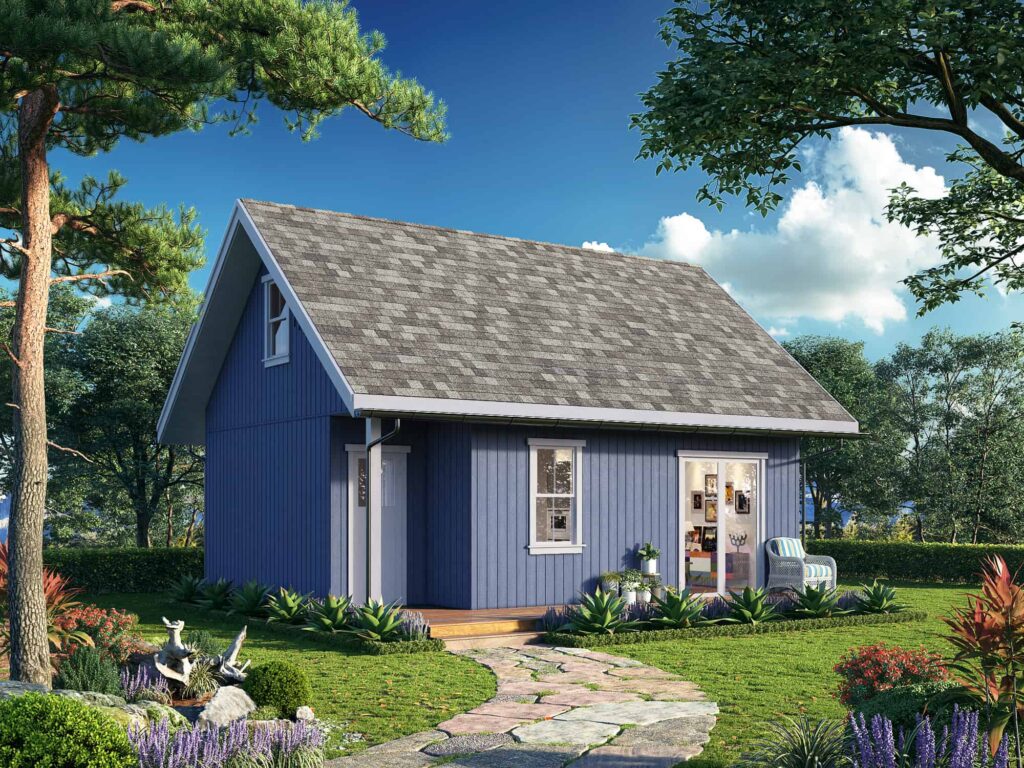 Modern prefab cottage exterior — Prefab homes Muskoka prices Hideaway 788 square foot 2 bedroom 1 bathroom My Own Cottage modular home starting at CAD $279,500 designed for Muskoka waterfront and road-accessible lot delivery on Canadian Shield terrain 2026