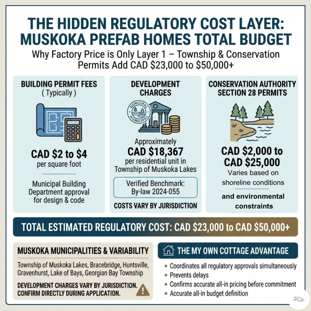 Prefab homes Muskoka prices Layer 3 regulatory costs infographic showing building permit fees CAD $2 to $4 per square foot development charges approximately CAD $18,367 per unit Township of Muskoka Lakes By-law 2024-055 and Conservation Authority permit costs adding $23,000 to $50,000+ across Muskoka municipalities 2026