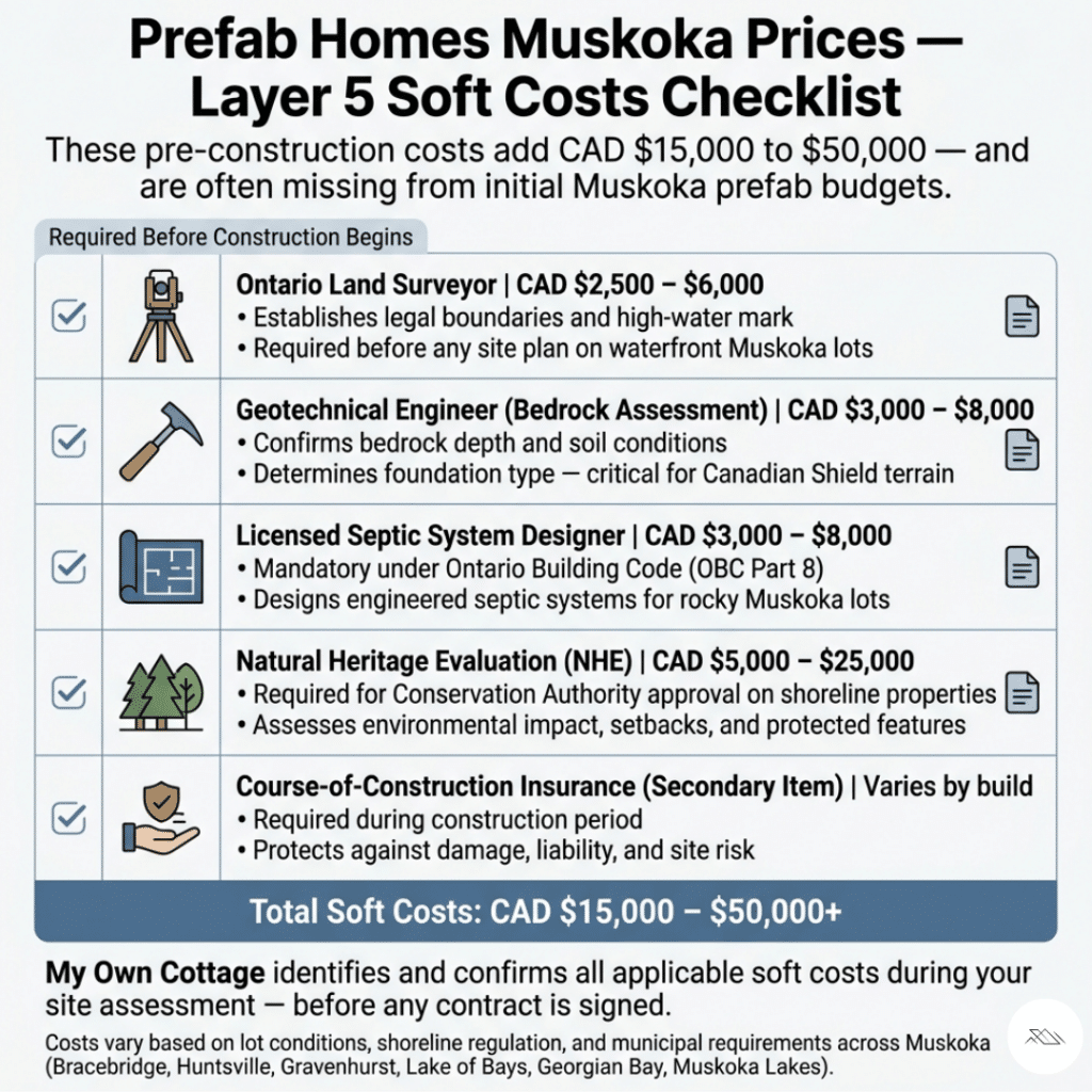 Prefab homes Muskoka prices Layer 5 soft costs checklist showing Ontario Land Surveyor CAD $2,500 to $6,000 geotechnical engineer CAD $3,000 to $8,000 septic system designer CAD $3,000 to $8,000 and Natural Heritage Evaluation CAD $5,000 to $25,000 with total soft costs CAD $15,000 to $50,000 for Muskoka prefab builds 2026