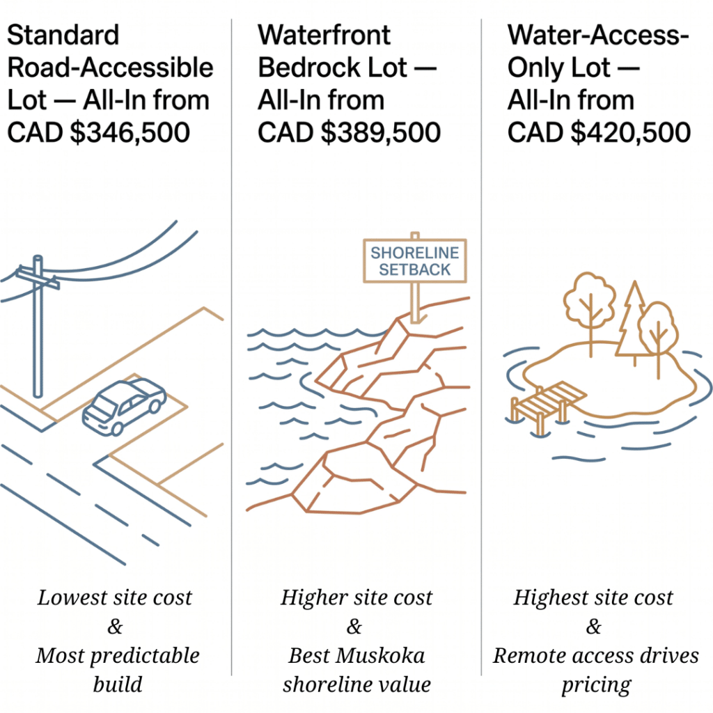 Prefab homes Muskoka prices lot type cost framework showing road-accessible serviced lot, waterfront bedrock lot, and water-access-only lot with all-in costs starting from CAD $346,500 to $420,500