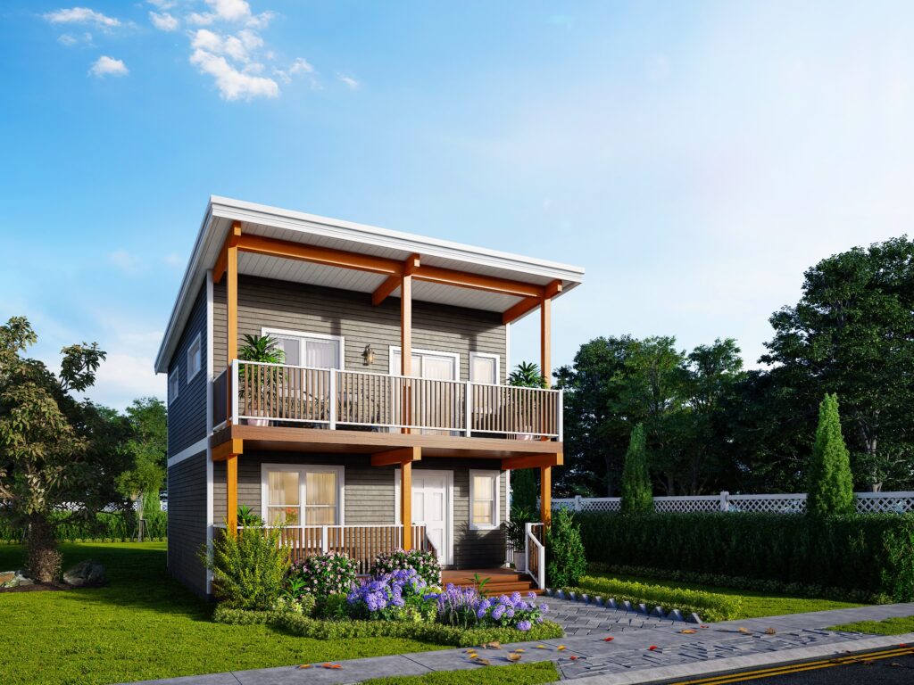 Modern prefab cottage exterior — Prefab homes Muskoka prices Sunnyside 1056 square foot 2 bedroom 2 bathroom My Own Cottage modular home starting at CAD $339,500 designed for Muskoka waterfront and road-accessible lot delivery on Canadian Shield terrain 2026