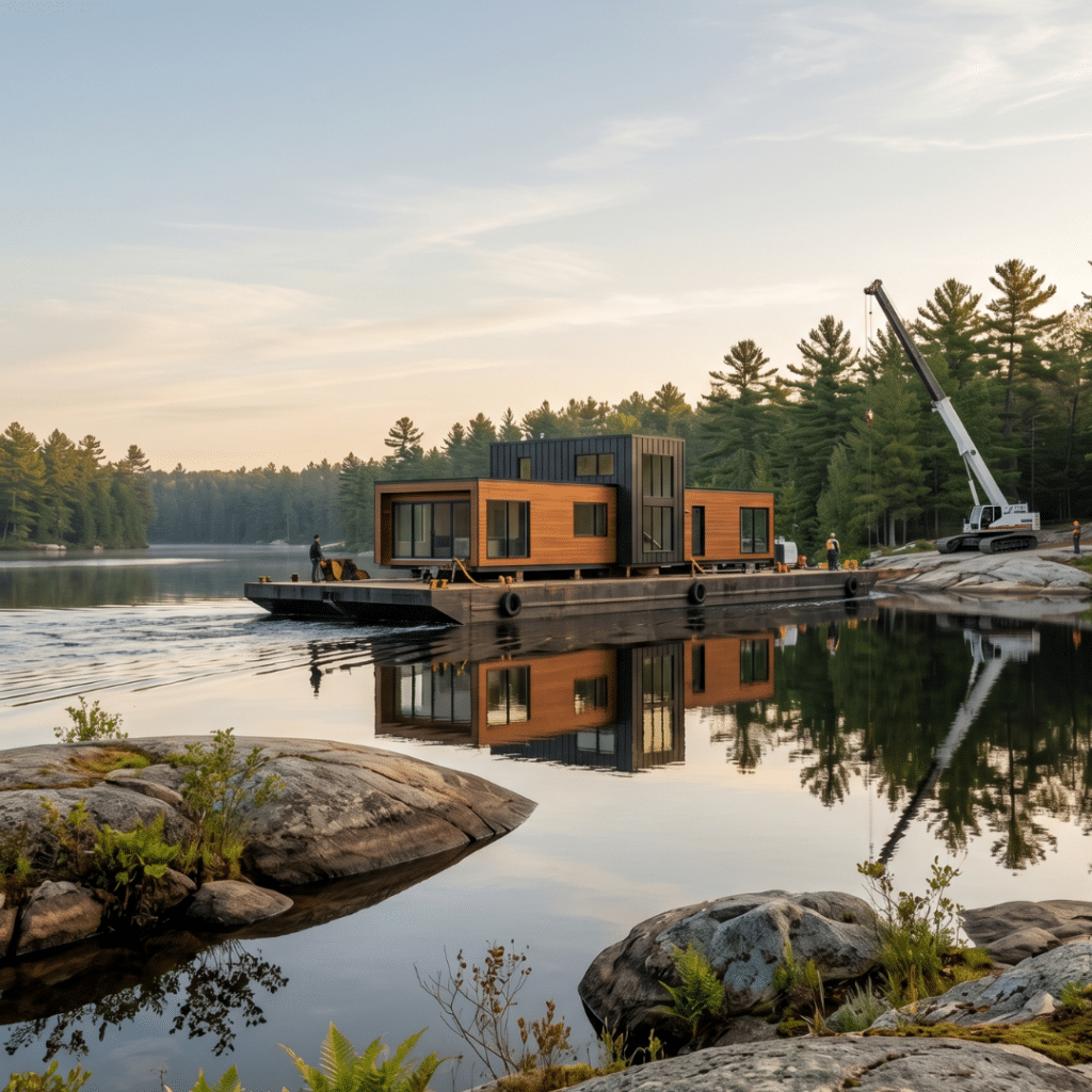 Prefab homes Muskoka prices water-access barge delivery transporting a nearly complete modular home across Lake Muskoka for crane installation on a remote waterfront lot