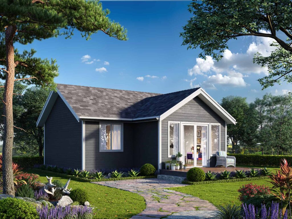 Modern prefab cottage exterior — Prefab homes Muskoka prices Willow 564 square foot 1 bedroom 1 bathroom My Own Cottage modular home starting at CAD $229,500 designed for Muskoka waterfront and road-accessible lot delivery on Canadian Shield terrain 2026