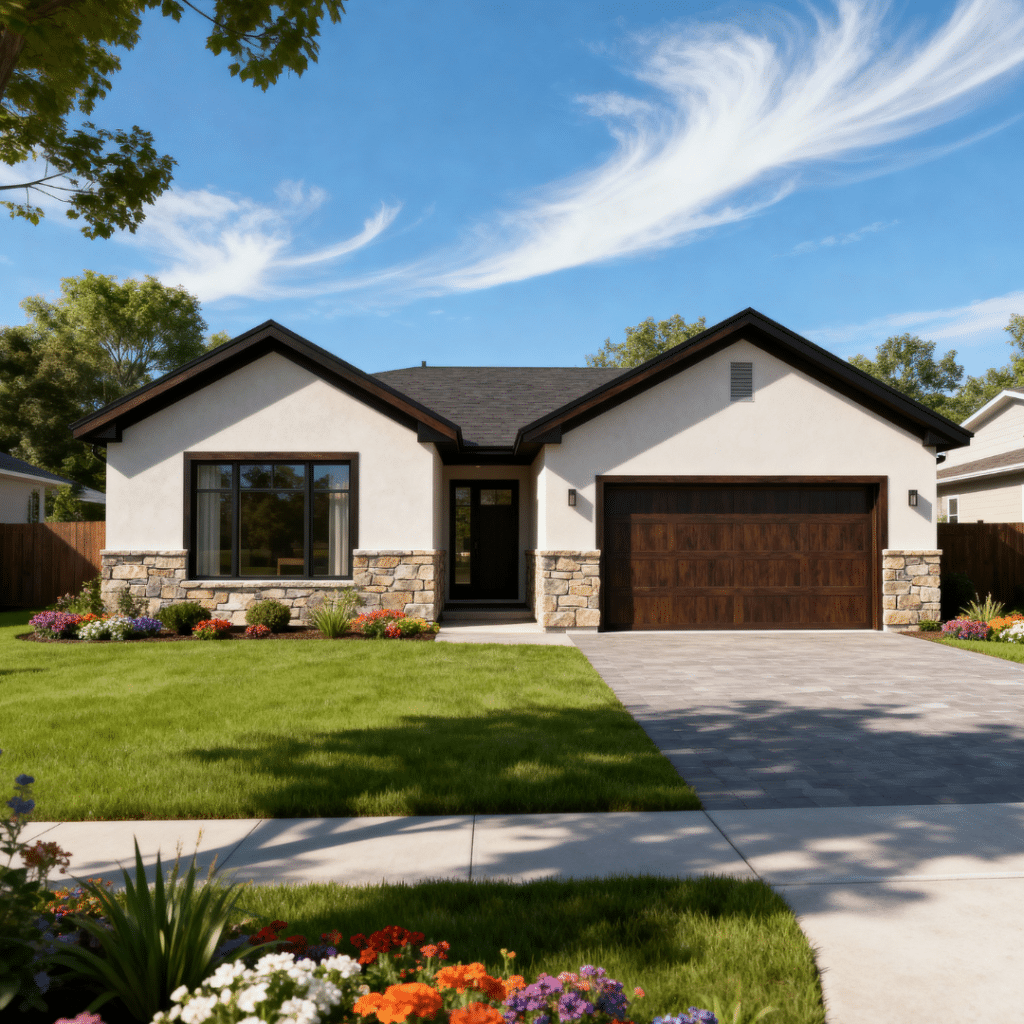 Beautiful small luxury prefab home with garage in suburban Aurora, Ontario, built by My Own Cottage — shown under clear blue summer skies with light white clouds.