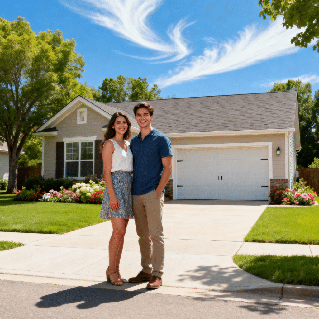 Happy young couple in front of a stylish small luxury prefab home with garage in Aurora, Ontario, built by My Own Cottage under clear blue summer skies.