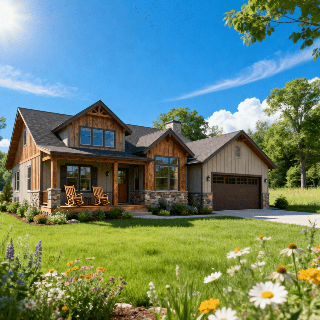 Small rustic modern prefab home with garage in Aurora, Ontario, built by My Own Cottage — surrounded by peaceful greenery under clear blue summer skies.