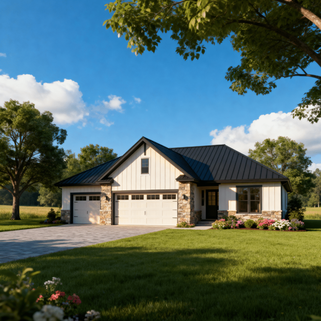 A beautiful, energy-efficient prefab home in Aurora, Ontario with a modern garage, elegant suburban design, and bright summer skies — showcasing the smart, affordable quality of homes built by My Own Cottage.