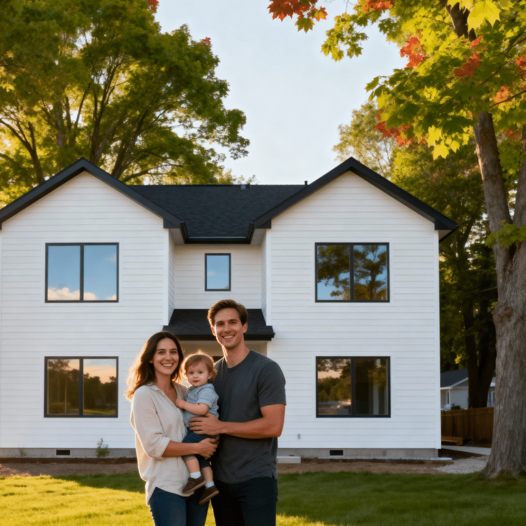 A smiling Ontario family standing outside their new prefab home in Aurora, Ontario — a modern, energy-efficient house built with pride and trust by My Own Cottage, Aurora’s leading affordable prefab builder.