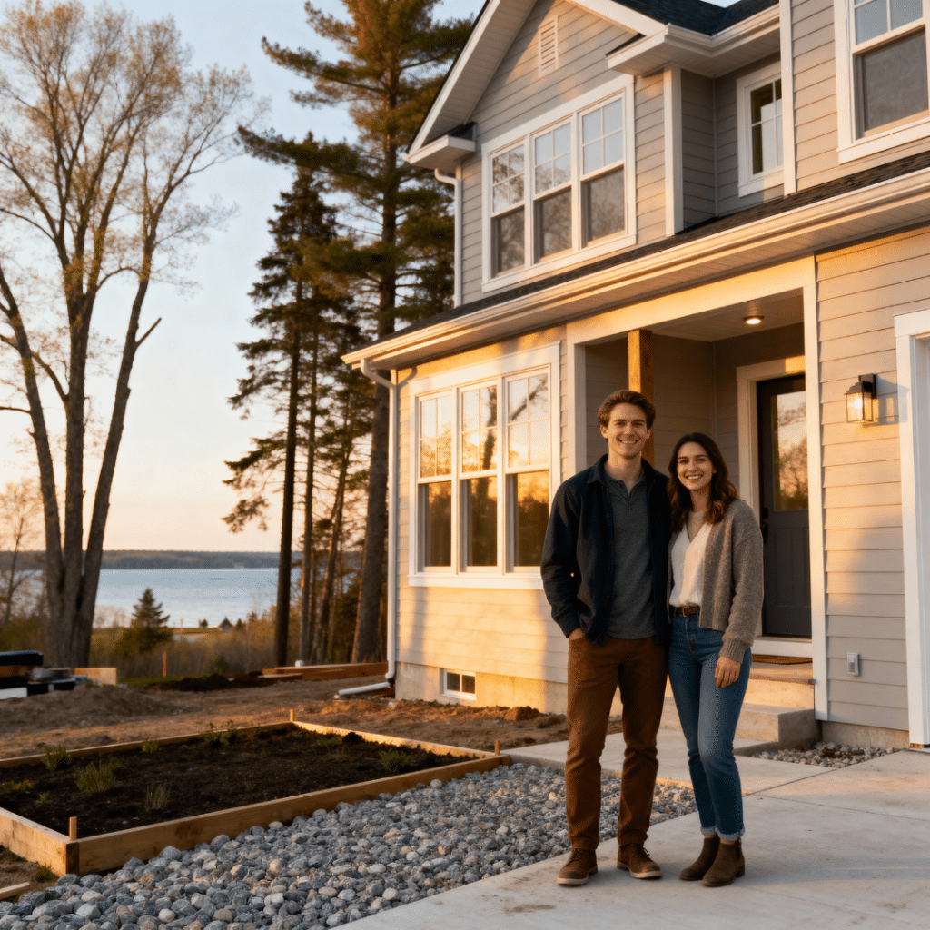 A young Ontario couple standing beside their new affordable prefab home in Aurora, Ontario — a modern, energy-efficient house with large windows, neutral siding, and clean architectural lines, built locally by My Own Cottage.