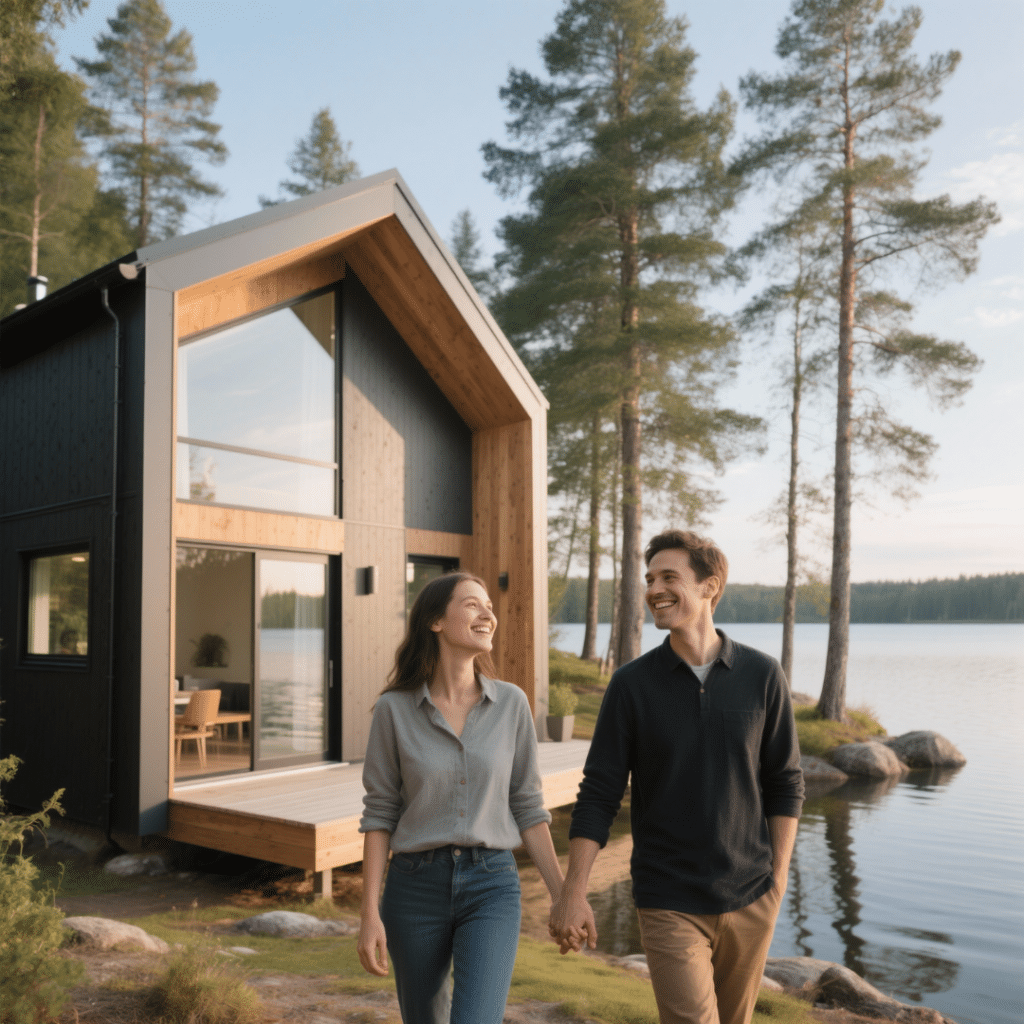 happy-couple-small-modern-prefab-home-sudbury-waterfront