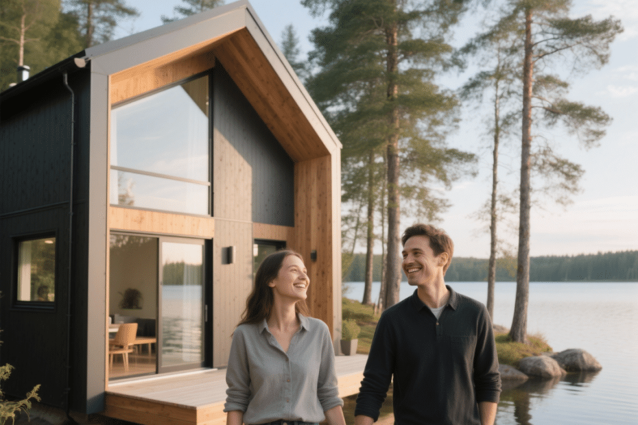 happy-couple-small-modern-prefab-home-sudbury-waterfront