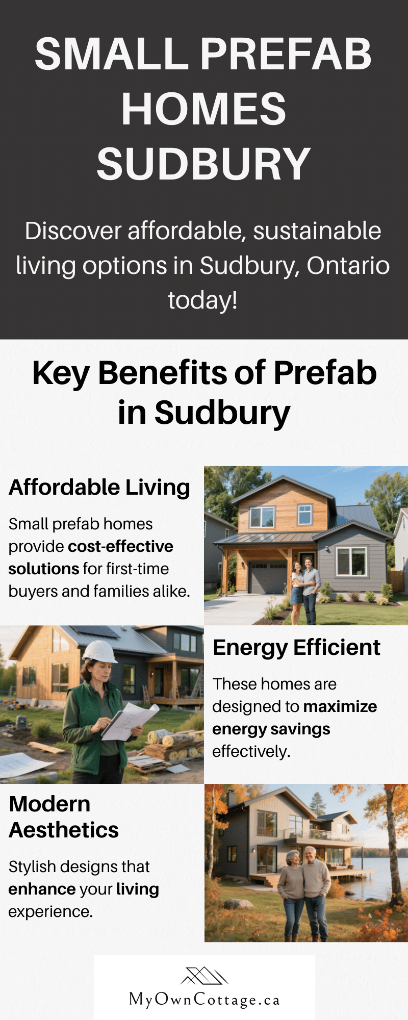 Infographic highlighting the benefits of small prefab homes in Sudbury, Ontario, including energy efficiency, cost savings, fast build times, and customization.
