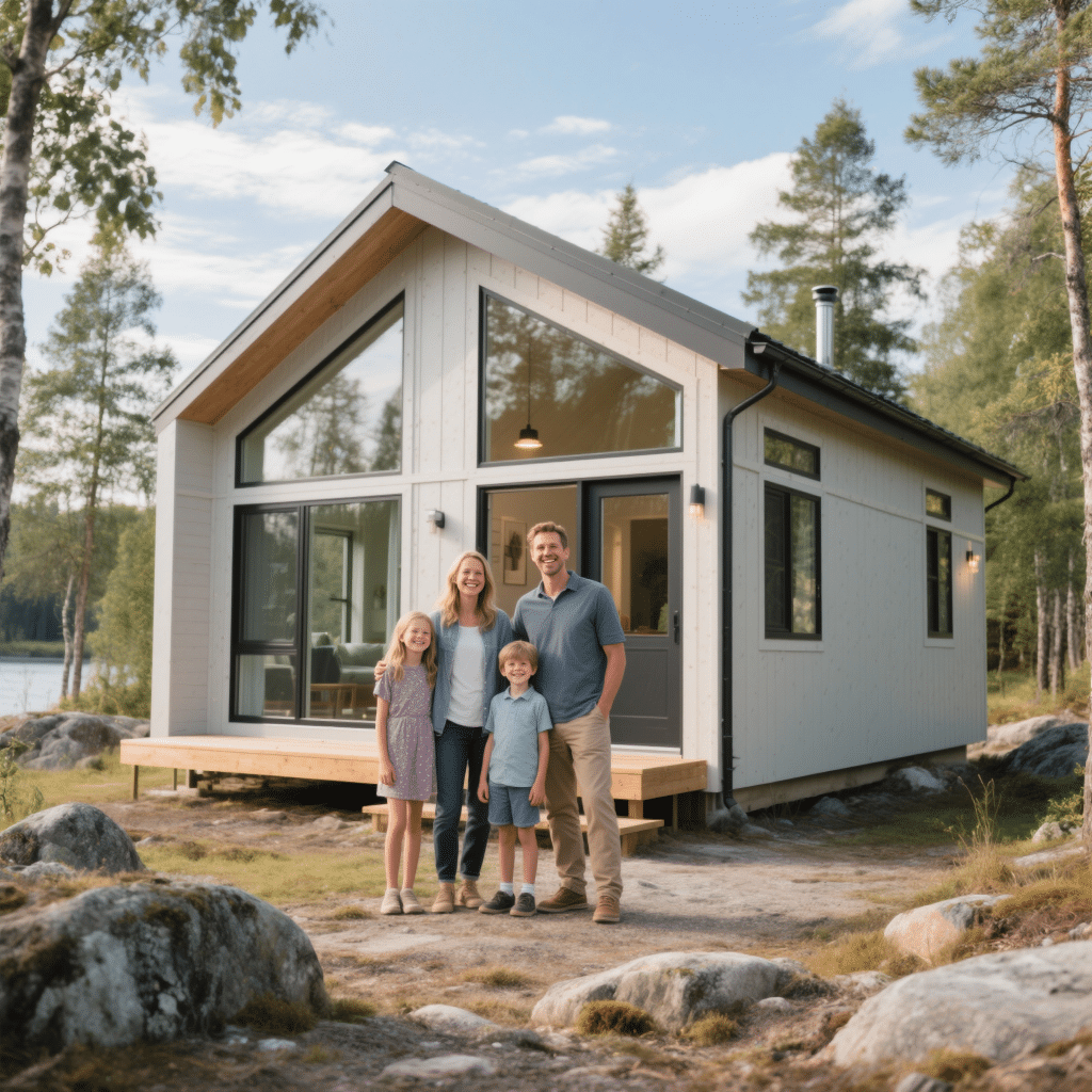 Jones family outside their small prefab home in Greater Sudbury, enjoying energy efficiency, low maintenance, and a modern lifestyle.