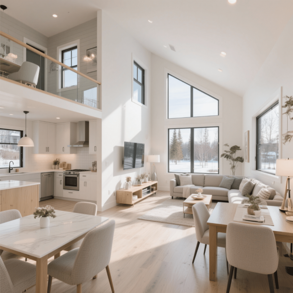 Bright open-concept living and dining room in a small prefab home in Sudbury with natural light, custom floor plan, and energy-efficient finishes.