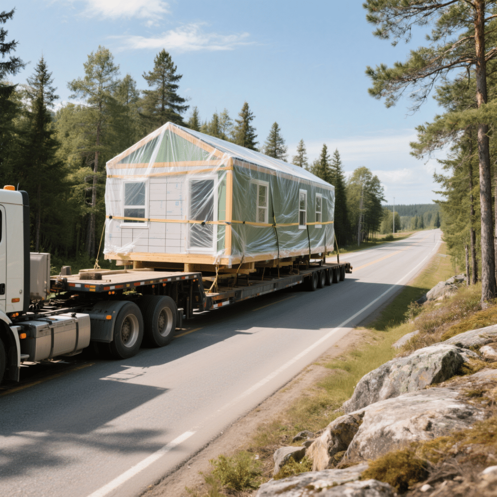 Large prefab home module on flatbed truck delivered near Sudbury, Northern Ontario with trees and rocky terrain in background.