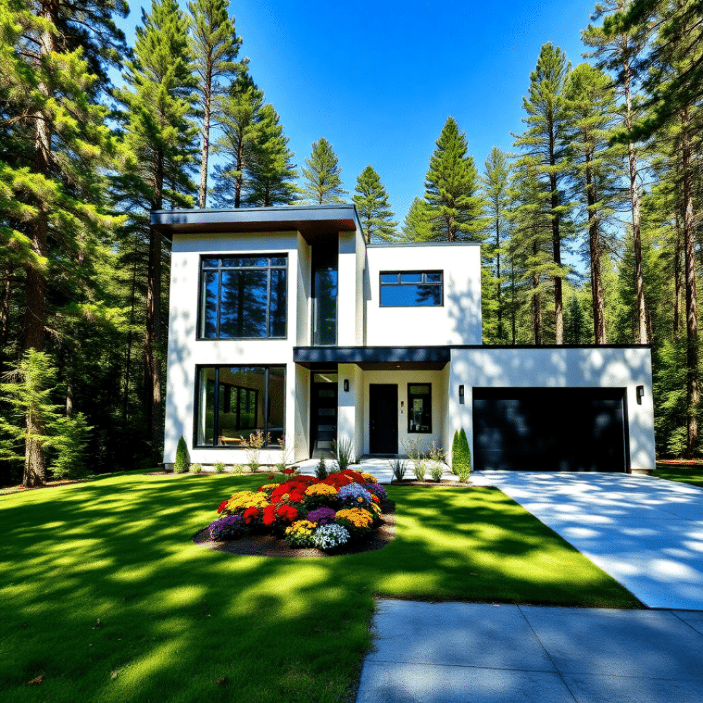 Sleek white small prefab home in Sudbury with garage, customizable floor plans, and energy-efficient design.