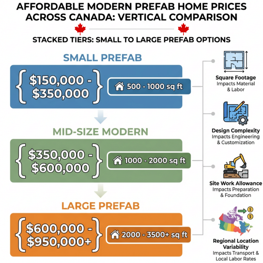Affordable modern prefab homes price comparison in Canada showing small, mid-size, and large prefab home cost ranges by square footage