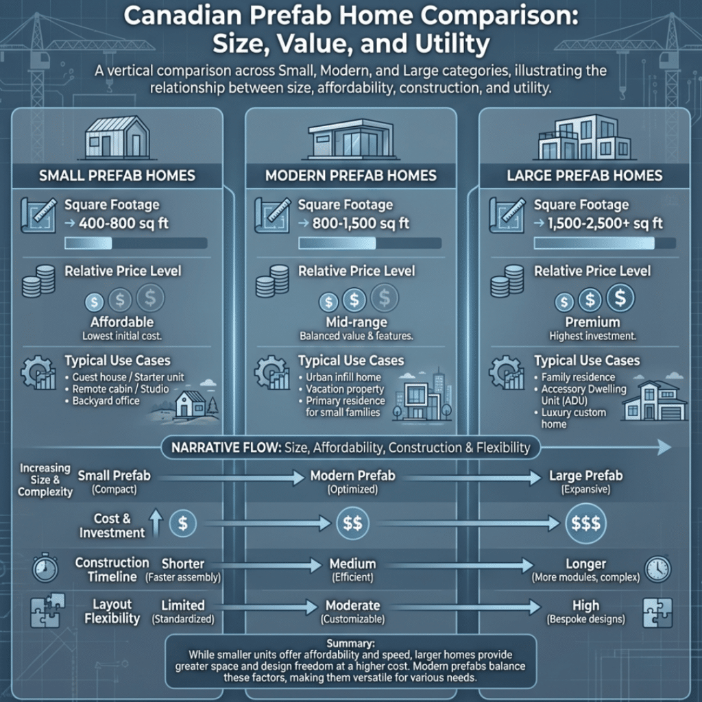 Affordable modern prefab homes price comparison in Canada comparing small, modern, and large prefab homes by square footage, price level, and use case