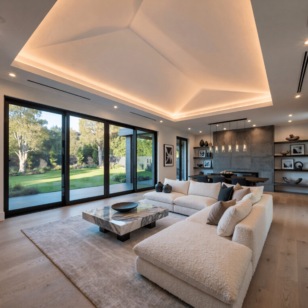 Affordable modern prefab homes price comparison in Canada showing a modern prefab home interior with a living room and kitchen featuring restrained finishes and natural light