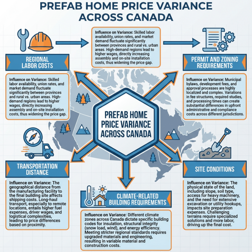 Affordable modern prefab homes price comparison in Canada explained by key cost drivers including labor, permits, transportation, site conditions, and climate