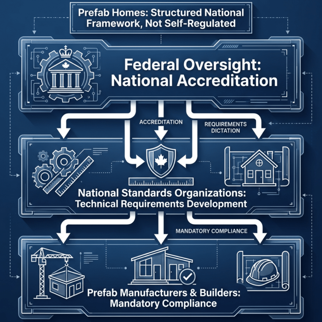Building prefab homes in harsh Canadian climates, showing how federal accreditation and national standards govern prefab housing in Canada
