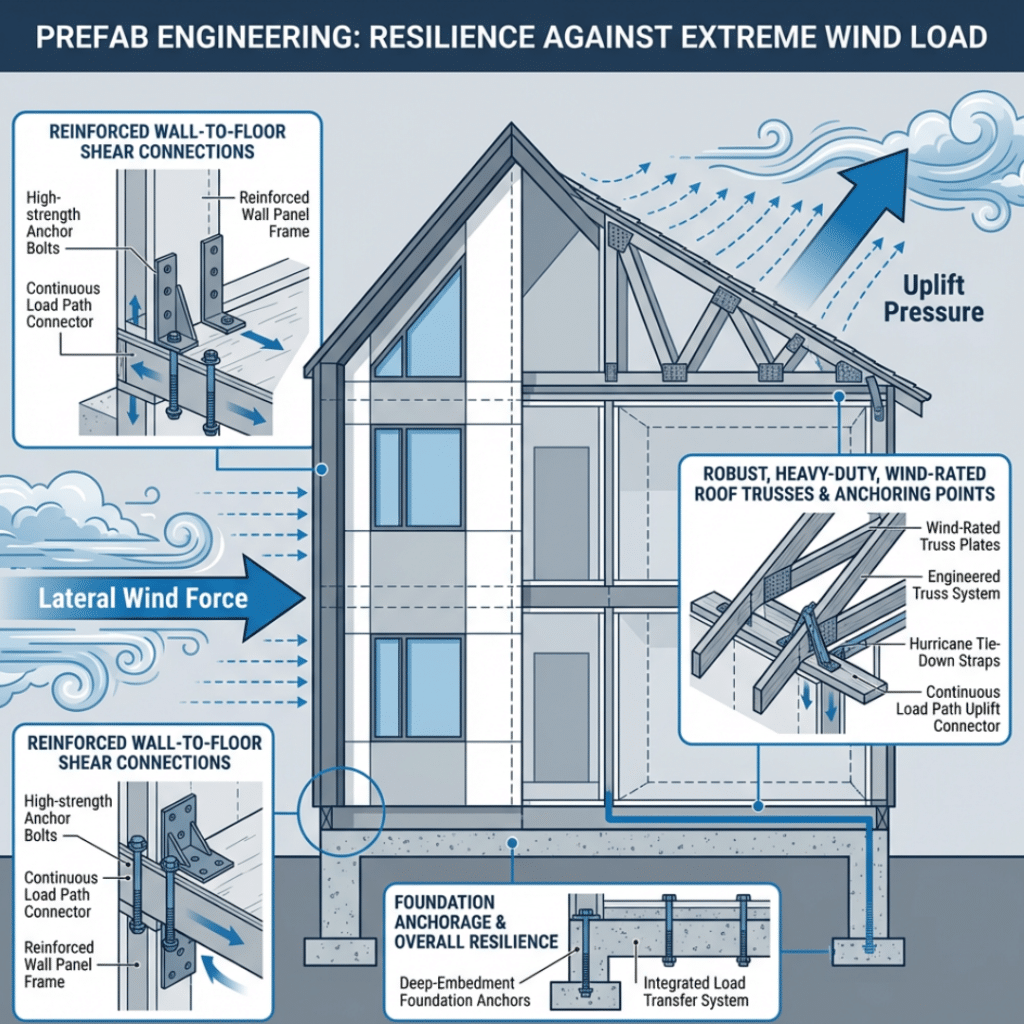 Building prefab homes in harsh Canadian climates, showing how prefab homes are engineered to resist extreme wind uplift and lateral forces