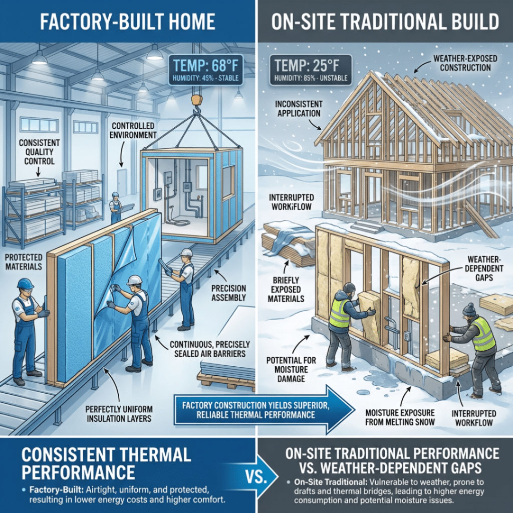 Building prefab homes in harsh Canadian climates, comparing factory-controlled prefab construction with on-site winter construction and their impact on thermal performance