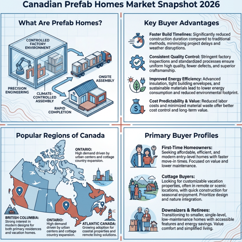 Canadian prefab homes for sale buyer snapshot showing factory-built modular homes, key benefits, popular regions in Canada, and common buyer types in 2026