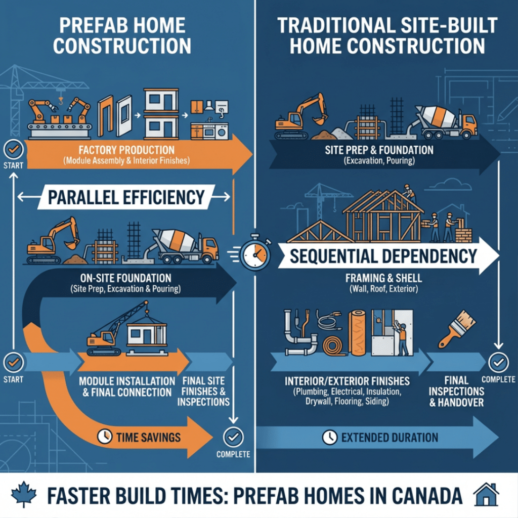 Canadian prefab homes for sale timeline comparison showing faster parallel construction compared to traditional site-built home timelines