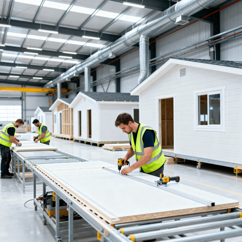 Canadian prefab homes for sale being built in a controlled factory environment with modular sections under construction