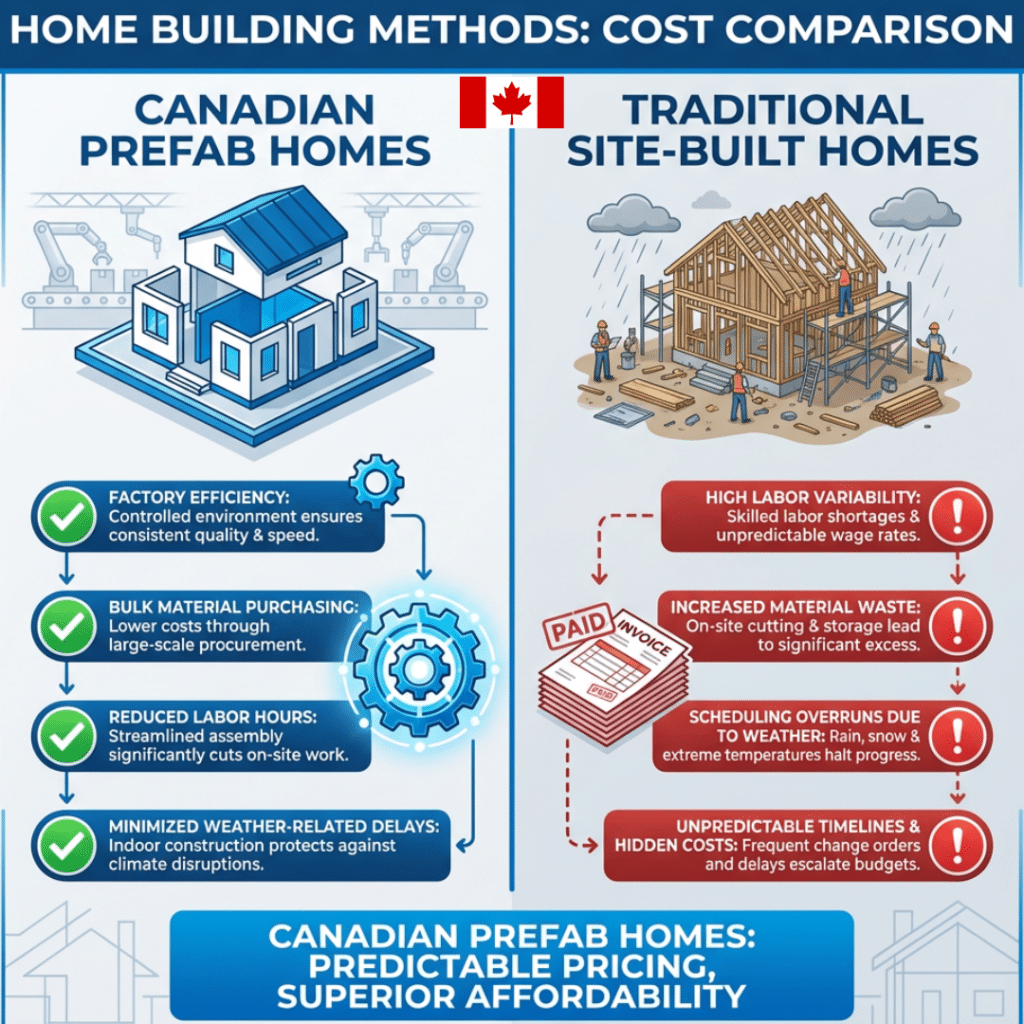 Canadian prefab homes for sale cost comparison showing prefab homes versus site-built homes, highlighting lower construction costs and more predictable pricing