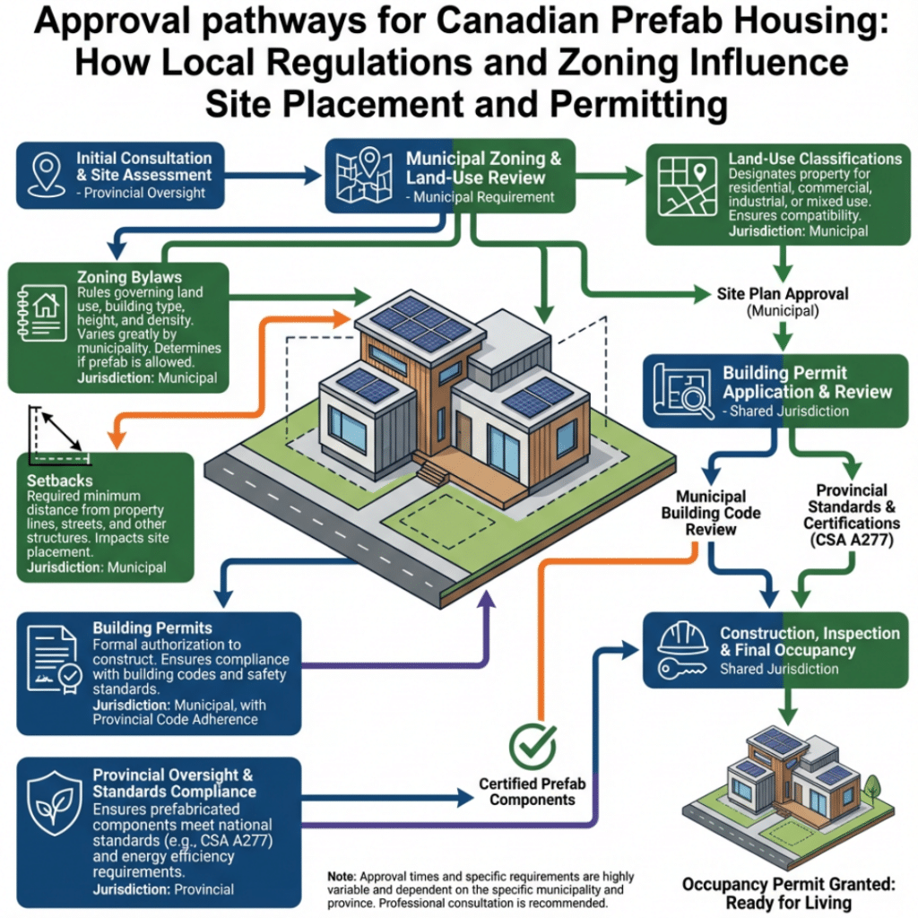 Canadian prefab homes for sale approval process showing local zoning rules, permits, setbacks, and land-use requirements