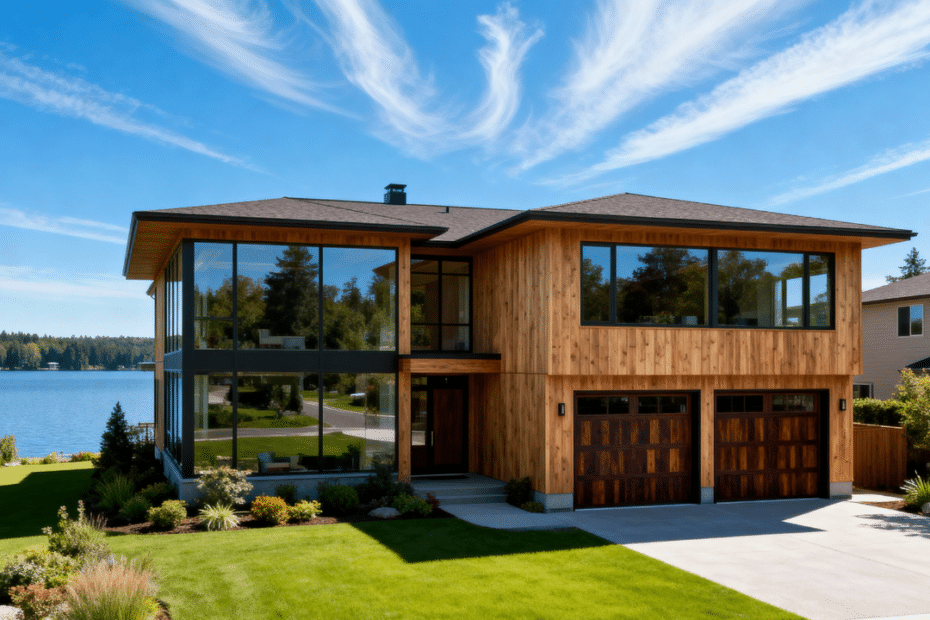 Canadian prefab homes for sale with a modern exterior, featuring large windows and energy-efficient design, set on a rural lakeside property in Canada