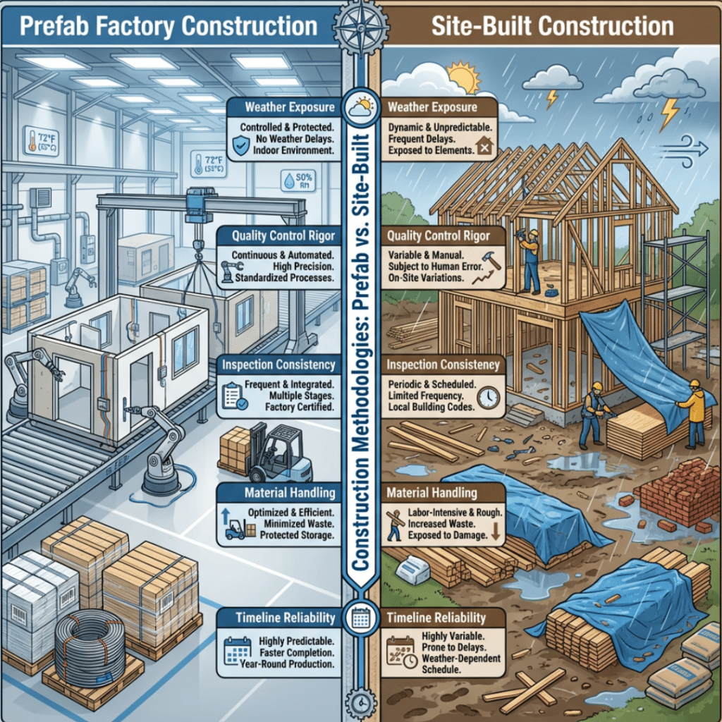 Canadian prefab homes for sale compared with site-built homes, showing differences in construction method, quality control, weather exposure, and build timelines