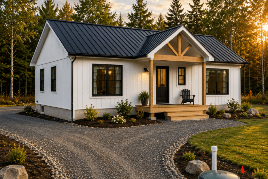 Completed modular home in Ontario showing foundation, gravel driveway, site preparation, and utility servicing beyond factory home pricing