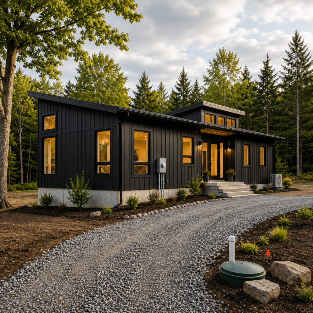 Modular house prices Ontario — completed modular home on a prepared Ontario lot showing permanent foundation, gravel driveway, site grading, septic infrastructure, and the finished result of a full all-in building project