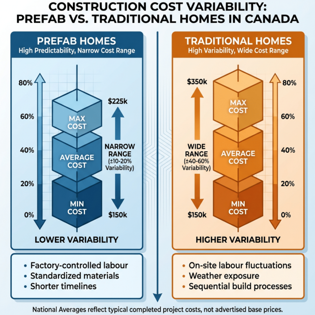 National average cost per square foot comparison of prefab homes vs traditional homes in Canada showing relative cost ranges and variability at completion