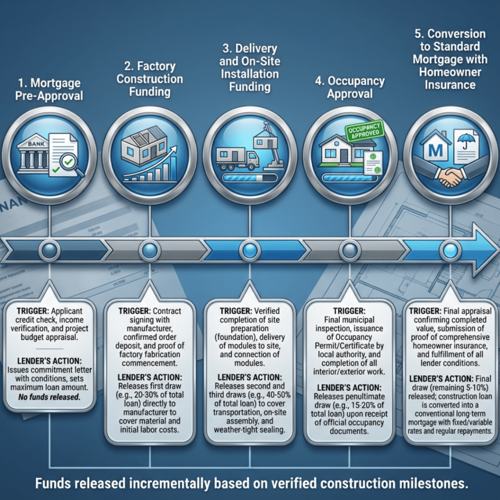Timeline showing staged prefab home financing in Canada from mortgage pre-approval to final mortgage and insurance conversion