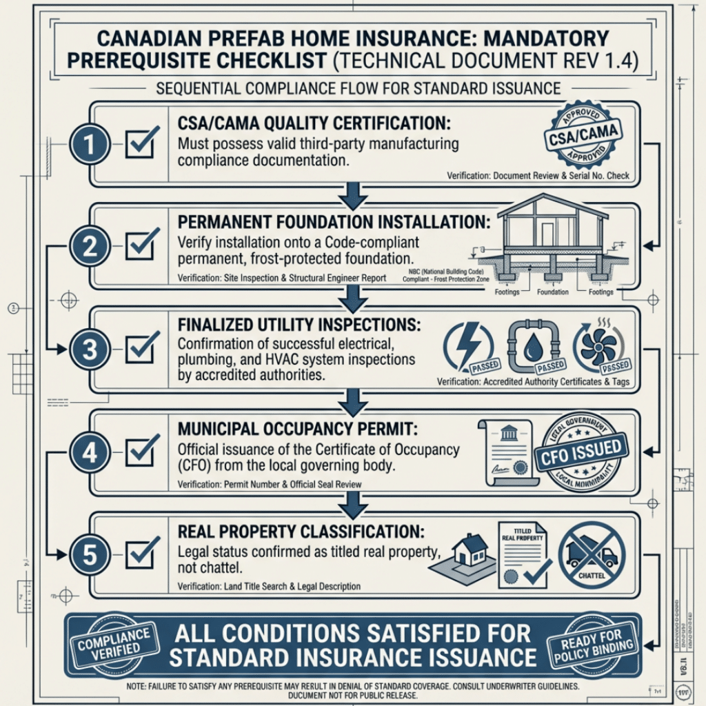 Checklist showing conditions required for prefab home insurance eligibility in Canada