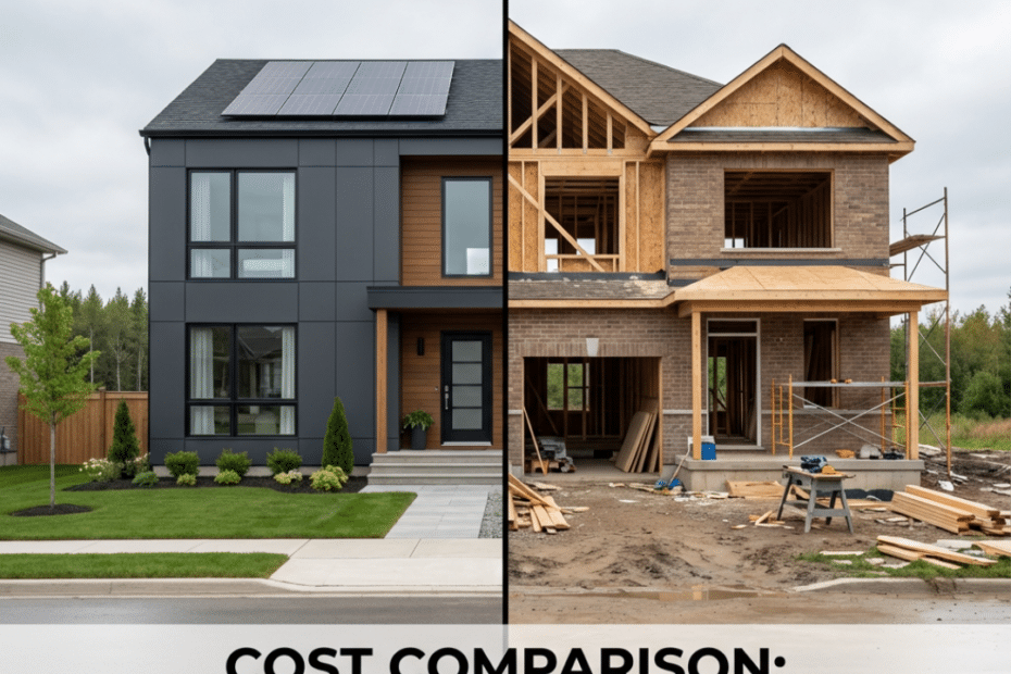 Prefab homes cost comparison vs traditional homes in Canada showing a modern prefab home beside a traditional site-built house