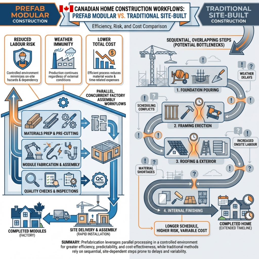 Prefab vs traditional home construction timeline showing how parallel factory building reduces cost risk compared to sequential site-built construction in Canada