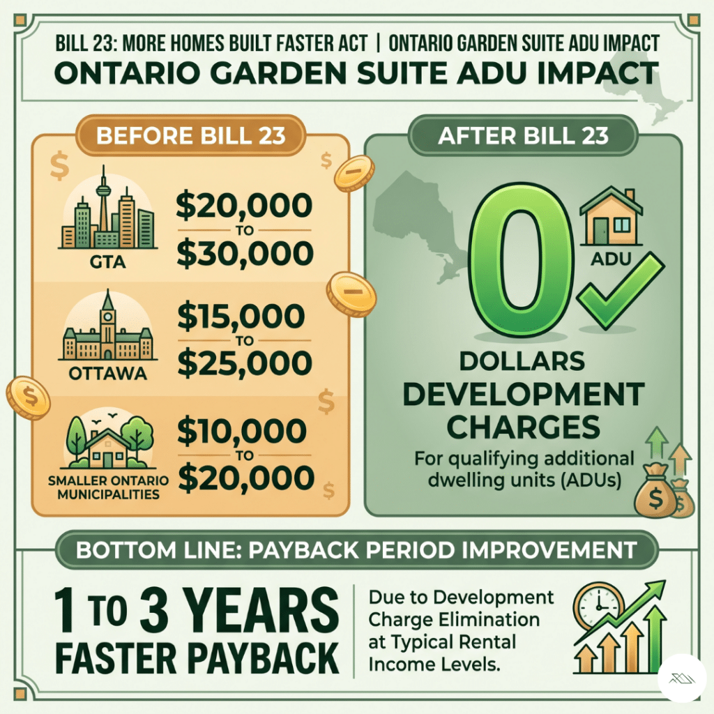 Additional dwelling unit Ontario Bill 23 More Homes Built Faster Act development charge elimination showing before and after comparison with development charge amounts previously applying to detached garden suite ADUs in GTA Ottawa and Ontario municipalities now reduced to zero for qualifying additional dwelling units under More Homes Built Faster Act 2022