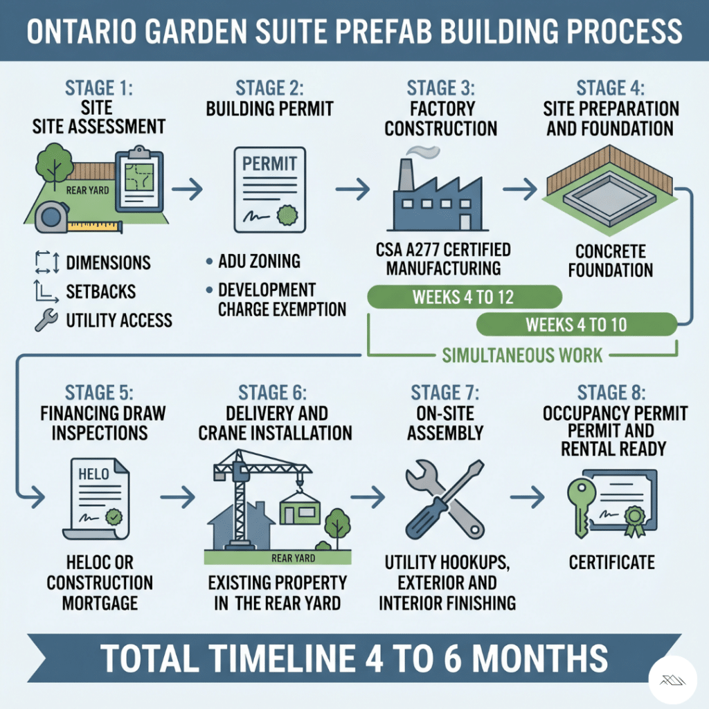 Additional dwelling unit Ontario garden suite prefab building process eight stages showing Stage 1 site assessment Stage 2 building permit Stage 3 factory construction Stage 4 site preparation and foundation Stage 5 financing draws Stage 6 delivery and crane Stage 7 on-site assembly and finishing Stage 8 inspections and occupancy permit with Stages 3 and 4 shown as simultaneous parallel work streams for four to six month total timeline