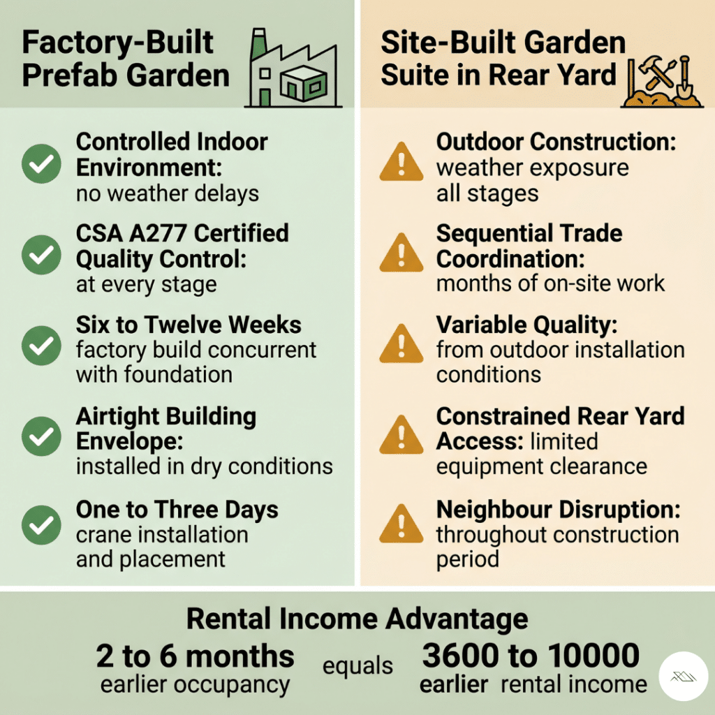 Additional dwelling unit Ontario prefab garden suite factory-built versus site-built construction comparison showing CSA A277 certified controlled environment factory build advantages including weather-free construction airtight building envelope simultaneous foundation and factory build timeline and one to three day crane installation versus months of sequential outdoor rear yard construction for detached garden suite ADU