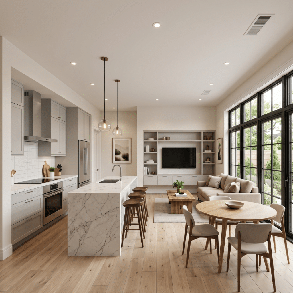 Additional dwelling unit Ontario prefab garden suite interior showing open concept kitchen living area with natural light large windows modern finishes and efficient use of space in 800 to 1000 square foot year-round residential additional dwelling unit built to Ontario Building Code standards for rental income or multigenerational living