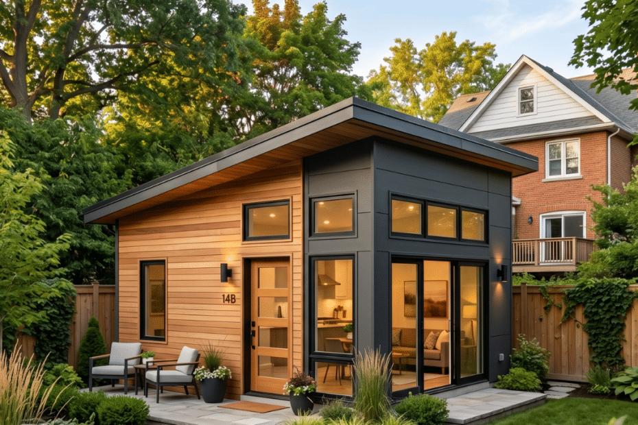 Additional dwelling unit Ontario completed prefab garden suite installed in rear yard of existing detached house showing detached ADU on permanent foundation with primary home visible in background representing Bill 23 enabled secondary residential unit for rental income or multigenerational living