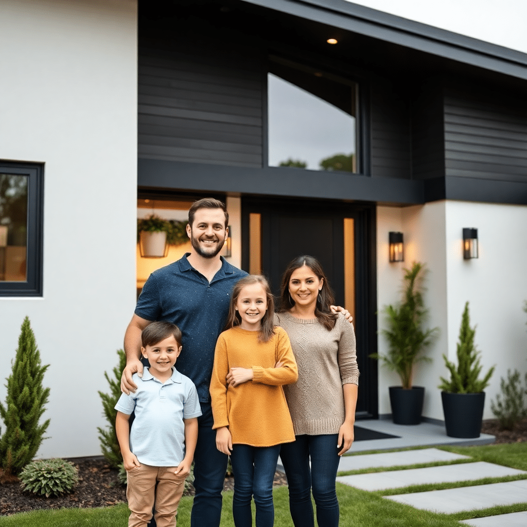 A-Smiling-Family-Standing-Outside-a-Prefab-Home-By-My-Own-Cottage-Inc.