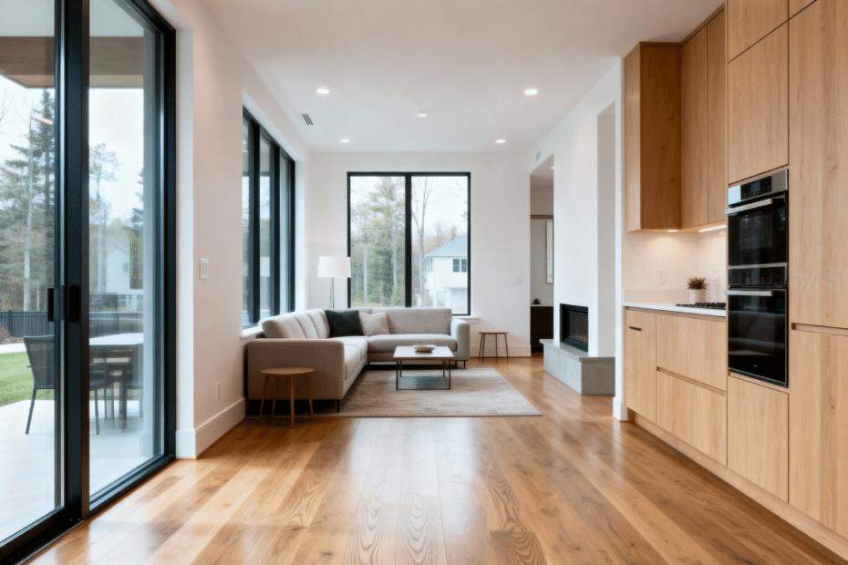 Interior design for prefab homes in Barrie featuring a modern open-concept living space with engineered wood flooring and large windows