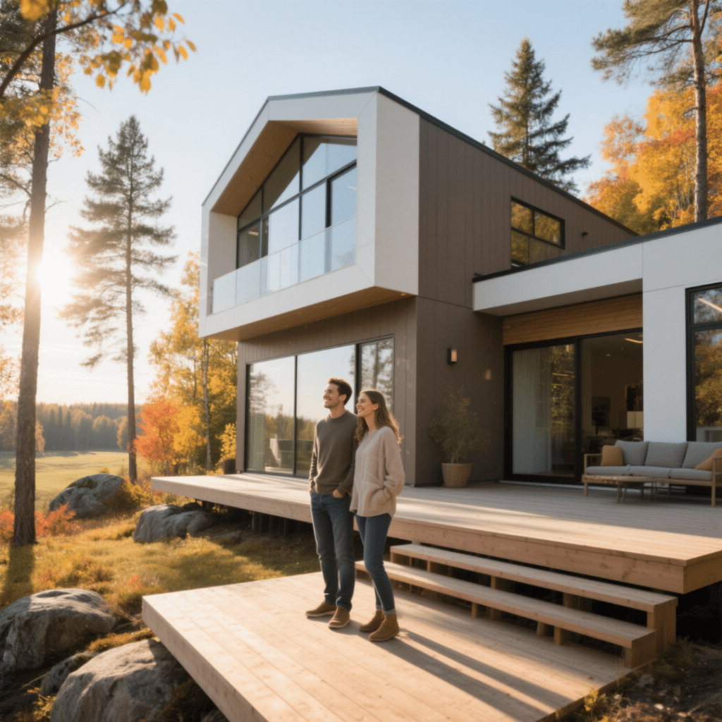 Modern energy-efficient prefab home in Sudbury, Ontario with large windows, neutral tones, and a couple enjoying the weather outside.